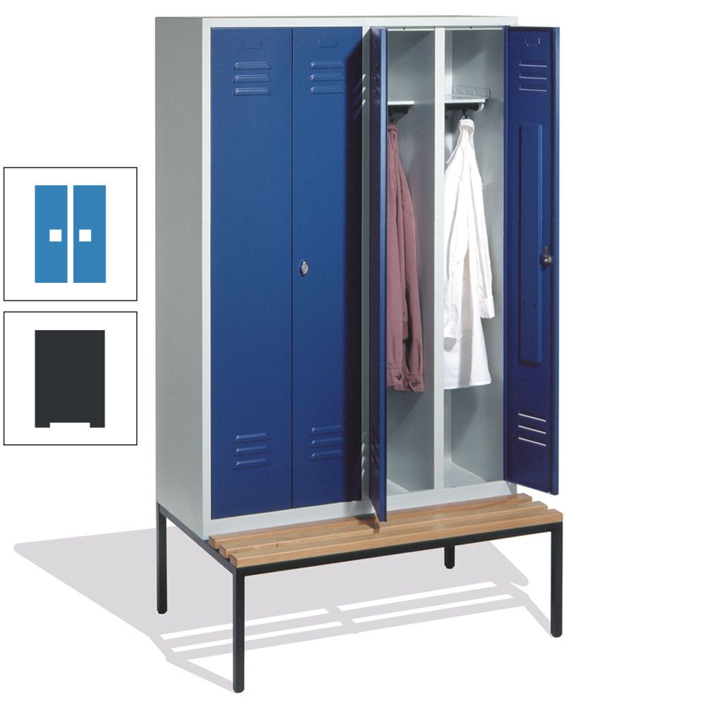 Doppel-Spindschrank, Buche Sitzbank untergebaut, 4 Abteile a 300 mm, Korpus lichtgrau, Tür anthrazitgrau, 2.090 x 1.190 x 815 mm (HxBxT)