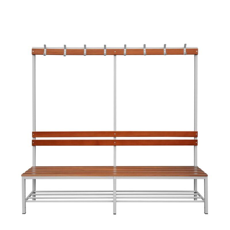 Umkleidebank, Umkleide-Sitzbank, Schuhrost, Haken, Breite 1.200 mm, Sitzhöhe 400 mm, Stahl mit Holzleisten, Gestell: lichtgrau, Sitzleisten: Buche