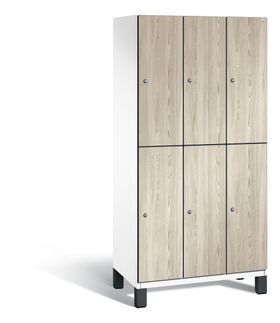 Fächerschrank, Garderobenschrank, mit Füßen, 3 Abteile, 1.980 x 900 x 525 mm (HxBxT), Korpus lichtgrau, Holzdekorfront