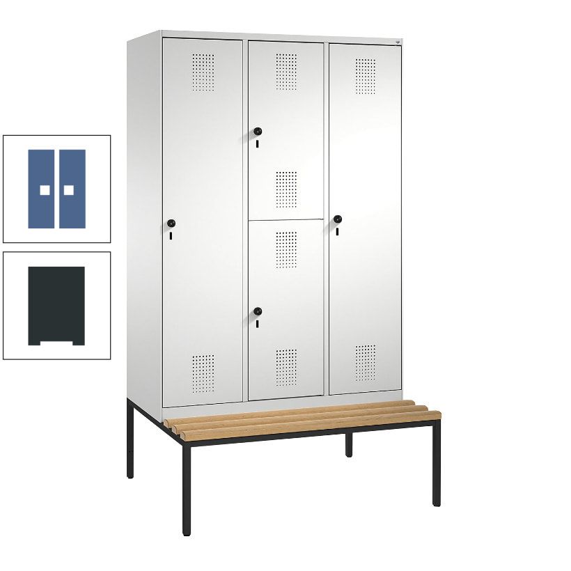 Garderobenschrank, Spind ein- und doppelstöckig Sitzbank, 3 Abteile, 4 Fächer, 2.090x1.200x500 mm (HxBxT), Front anthrazitgrau, Korpus anthrazitgrau