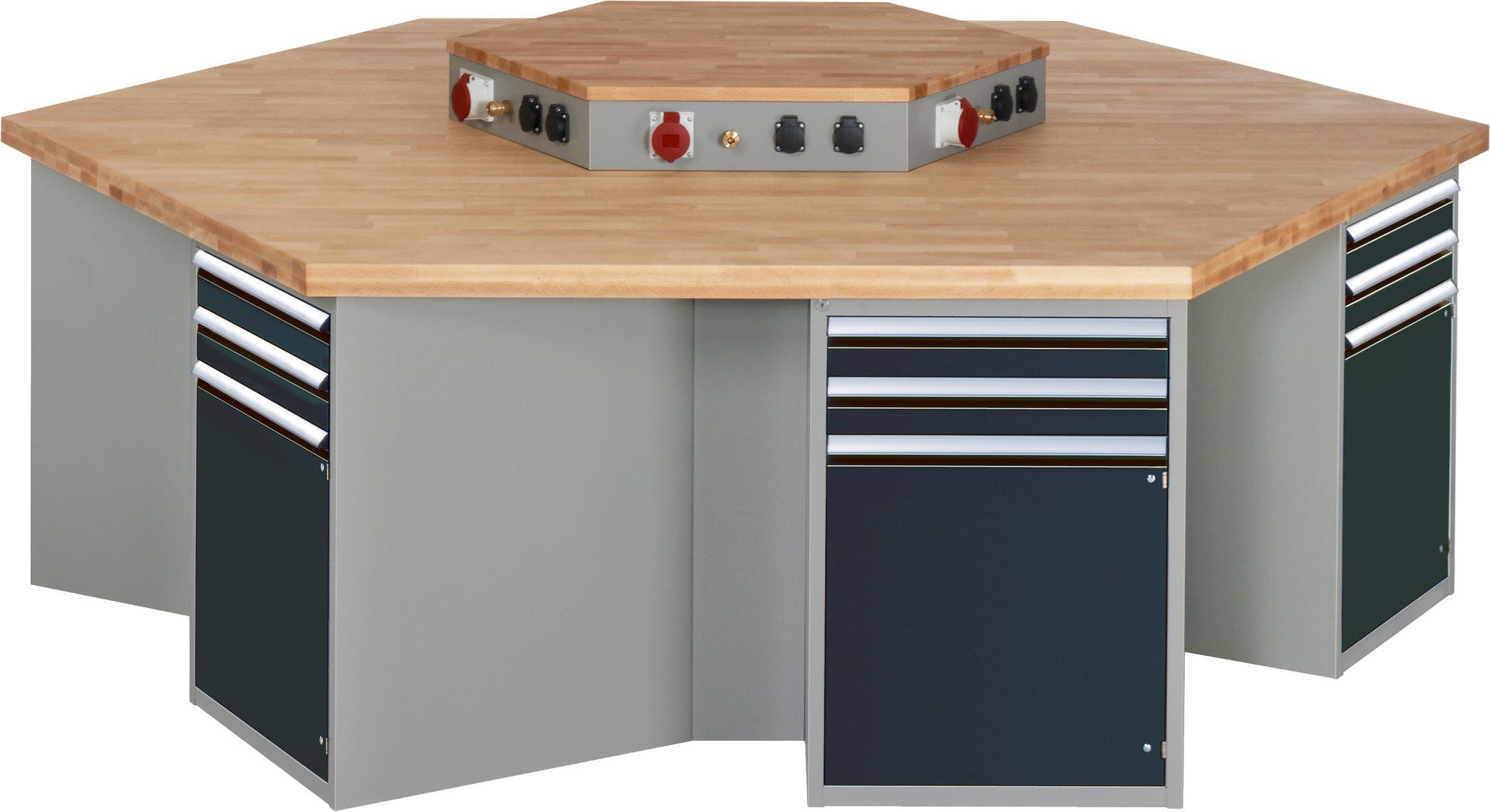 Gruppenwerkbank, Buche, Höhe 840 mm, mit Energieaufsatz, Unterbau-Container, 2 Schubladen, 1 Tür, 1 Boden - Anthrazitgrau