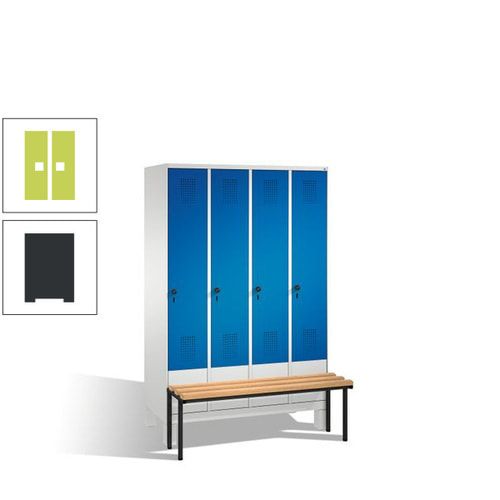 Stahl-Garderobenschrank, Spind, Buche Sitzbank vorgebaut, 4 Abteile a 300 mm, Korpus Lichtgrün, Tür Schwefelgelb, 1.850 x 1.200 x 815 mm (HxBxT)