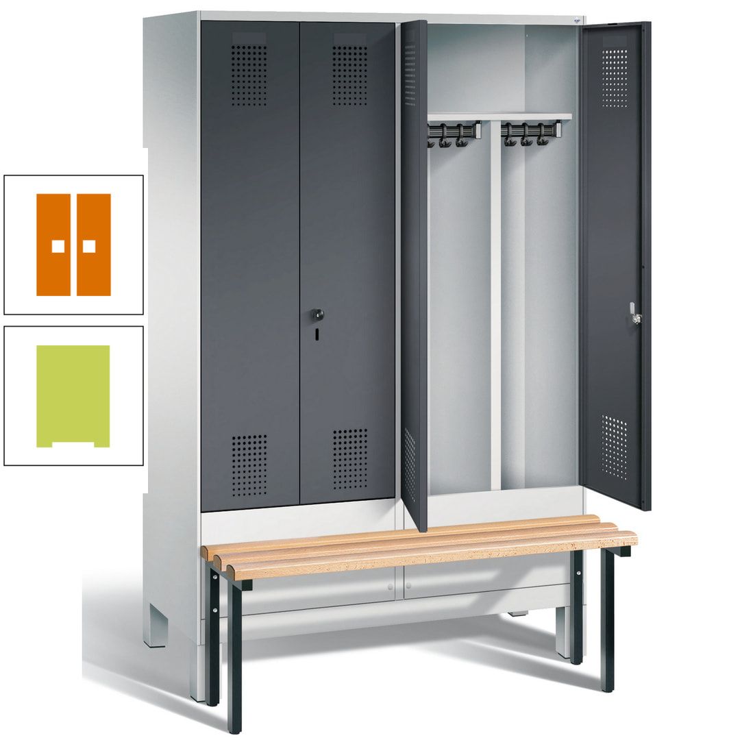 Doppel-Spind, Garderobenschrank, Buche Sitzbank vorgebaut, 4 Abteile a 300 mm, Korpus feuerrot, Tür Wasserblau, 1.850 x 1.200 x 815 mm (HxBxT)