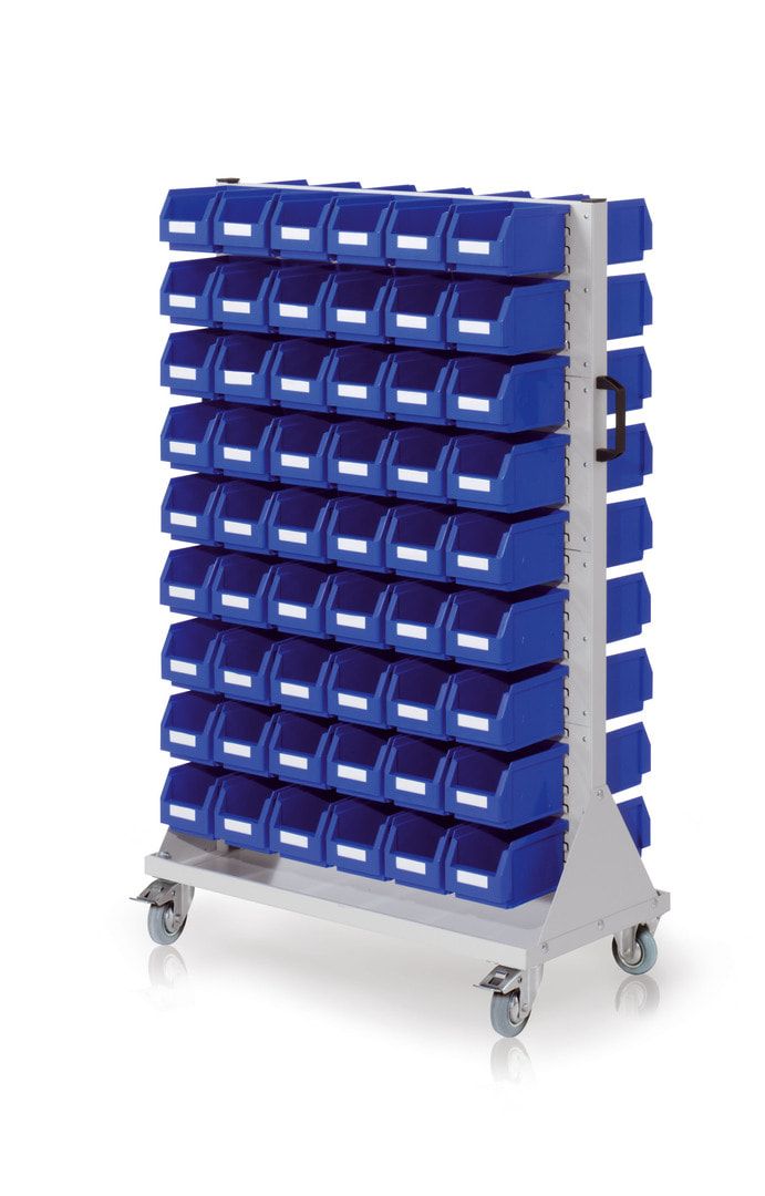 Mobile Stellwand - Schlitzwand für Sichtlagerkästen - beidseitig - mit 108 Kästen bestückt - 1.580 x 1.000 x 500 mm (HxBxT)