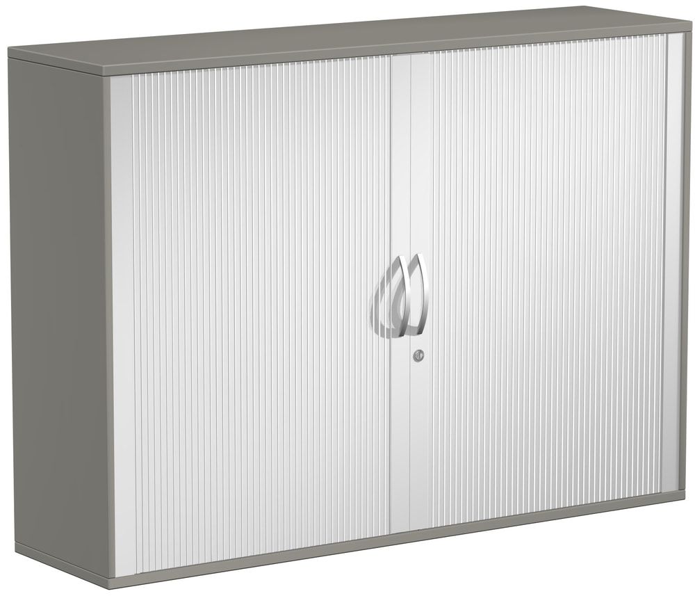 Querrollladenschrank, Dekoreinlageboden, Metallsockel/Standfüße, abschließbar, 1.152 x 1.000 x 425 mm (HxBxT), Korpusfarbe Ahorn, Frontfarbe silber