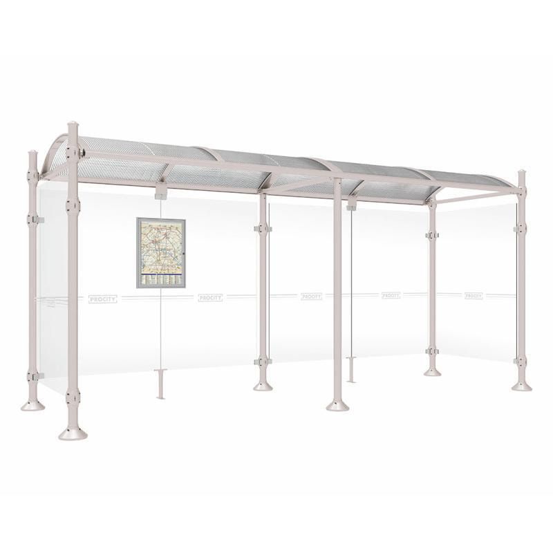 Buswartehalle, Unterstand, 2 Seitenwände, Kopf gebürsteter Edelstahl, ESG, Fahrplanschaukasten, 2.500 x 2.500 x 1.600 mm (HxBxT), Farbe enzianblau