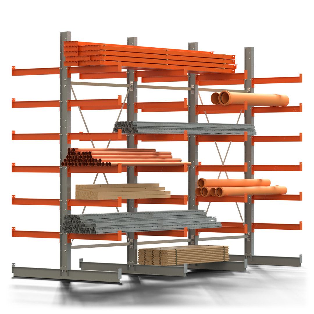 Doppelseitiges Kragarmregal, 2 Felder, 3.000 x 2.560 x 1.120 mm (HxBxT), Nutztiefe 500 mm, Kragarmlast 870 kg, KARL basic, silbergrau/reinorange