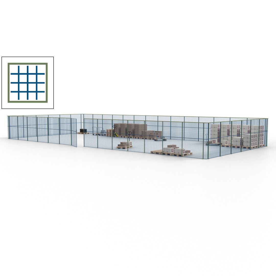 Maschinen Schutzgitter - Hallentrennwand - Sicherheitszaun - Tür - 60 m - 2.200 x 21.400 x 9.400 mm (HxBxT) - enzianblau