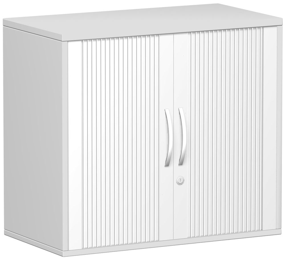 Anstell-Querrollladenschrank, 2 Ordnerhöhen, Schloss, Bogengriff,1 Fachboden, 720 x 1.200 x 425 mm(HxBxT), Rollladen silber, Korpusfarbe Nussbaum