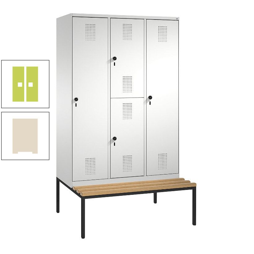 Garderobenschrank, Spind ein- und doppelstöckig Sitzbank, 3 Abteile, 4 Fächer, 2.090x1.200x500 mm (HxBxT), Front anthrazitgrau, Korpus anthrazitgrau