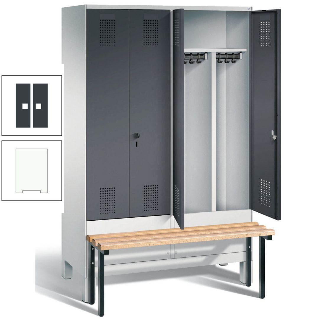 Doppel-Spind, Garderobenschrank, Buche Sitzbank vorgebaut, 4 Abteile a 300 mm, Korpus feuerrot, Tür Wasserblau, 1.850 x 1.200 x 815 mm (HxBxT)