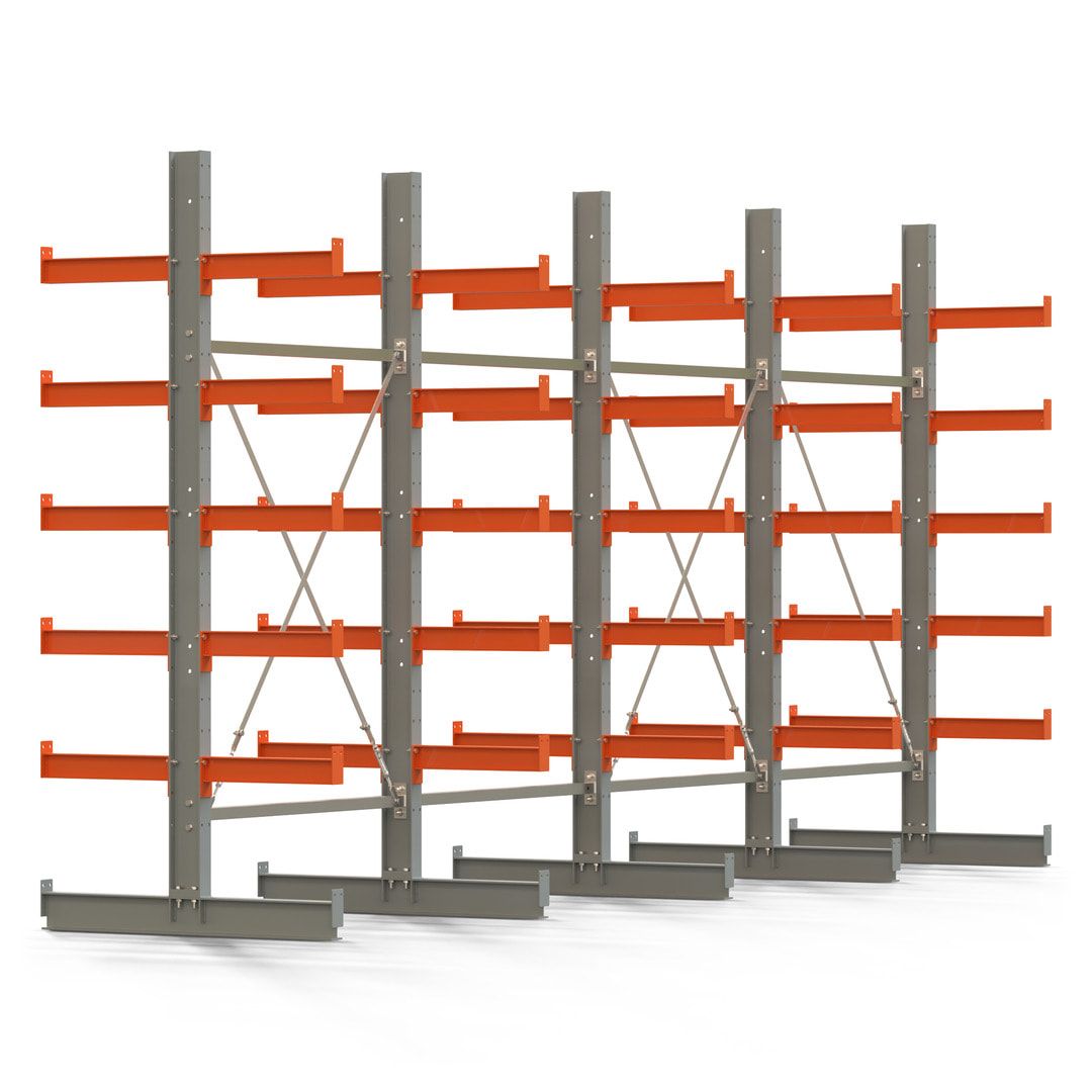 Doppelseitiges Kragarmregal, 2 Felder, 2.500 x 2.560 x 1.120 mm (HxBxT), Nutztiefe 500 mm, Kragarmlast 870 kg, KARL basic, silbergrau/reinorange