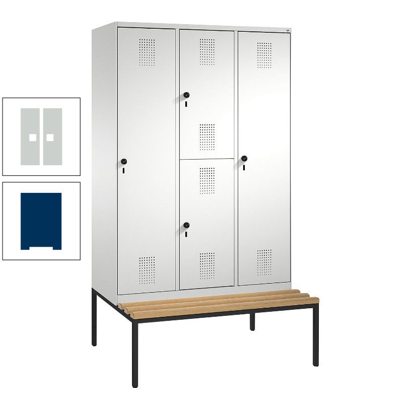 Garderobenschrank, Spind ein- und doppelstöckig Sitzbank, 3 Abteile, 4 Fächer, 2.090x1.200x500 mm (HxBxT), Front anthrazitgrau, Korpus anthrazitgrau