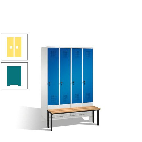 Stahl-Garderobenschrank, Spind, Buche Sitzbank vorgebaut, 4 Abteile a 300 mm, Korpus Lichtgrün, Tür Schwefelgelb, 1.850 x 1.200 x 815 mm (HxBxT)