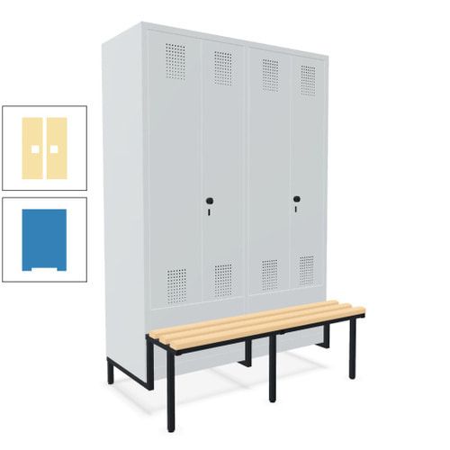 Doppel-Spind, Garderobenschrank, Buche Sitzbank integriert, 4 Abteile 300 mm, Korpus anthrazitgrau, Tür anthrazitgrau, 1.850 x 1.200 x 815 mm (HxBxT)