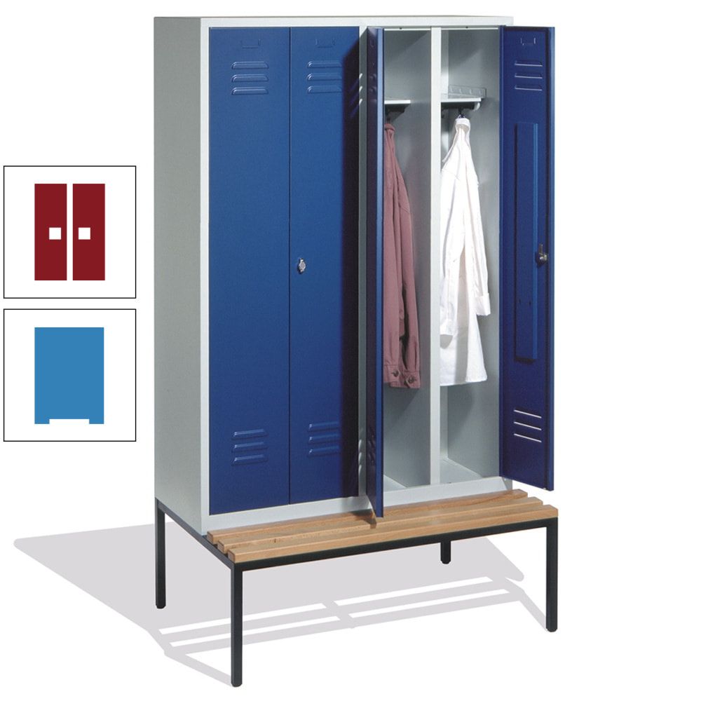 Doppel-Spindschrank, Buche Sitzbank untergebaut, 4 Abteile a 300 mm, Korpus lichtgrau, Tür anthrazitgrau, 2.090 x 1.190 x 815 mm (HxBxT)