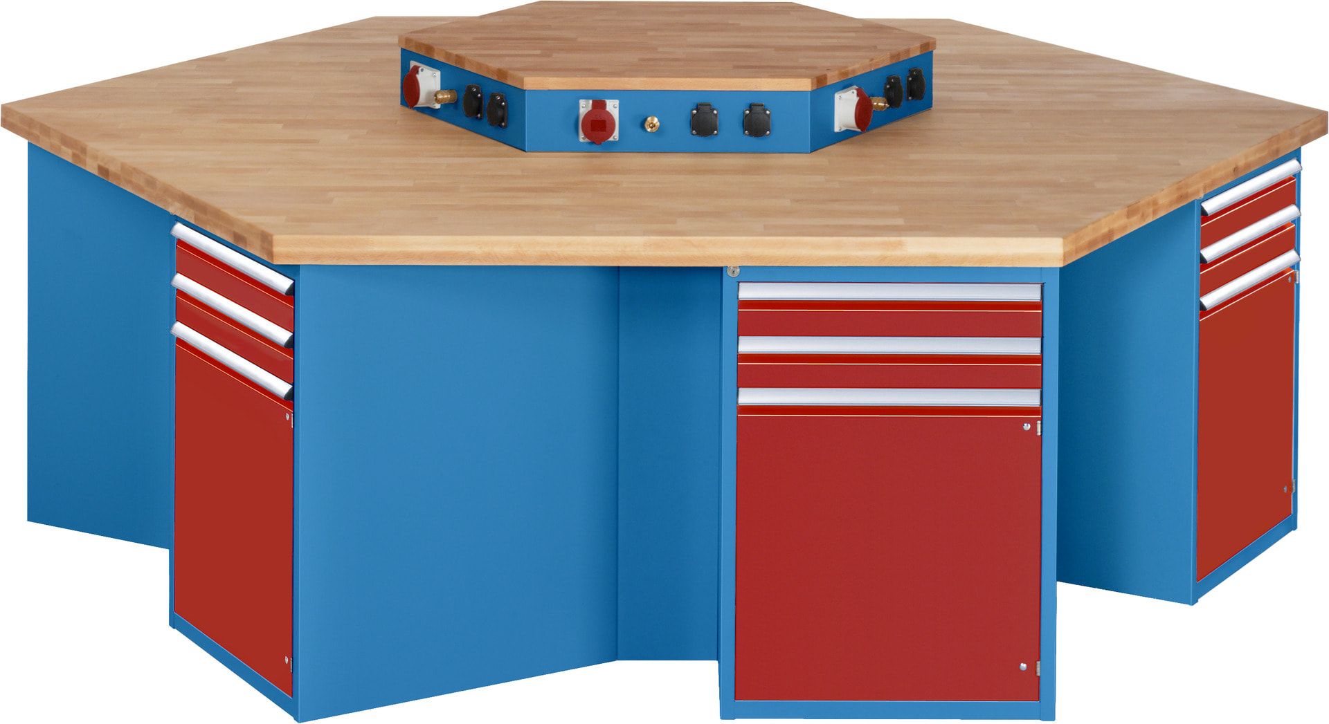 Gruppenwerkbank, Buche, Höhe 840 mm, mit Energieaufsatz, Unterbau-Container, 2 Schubladen, 1 Tür, 1 Boden - Anthrazitgrau