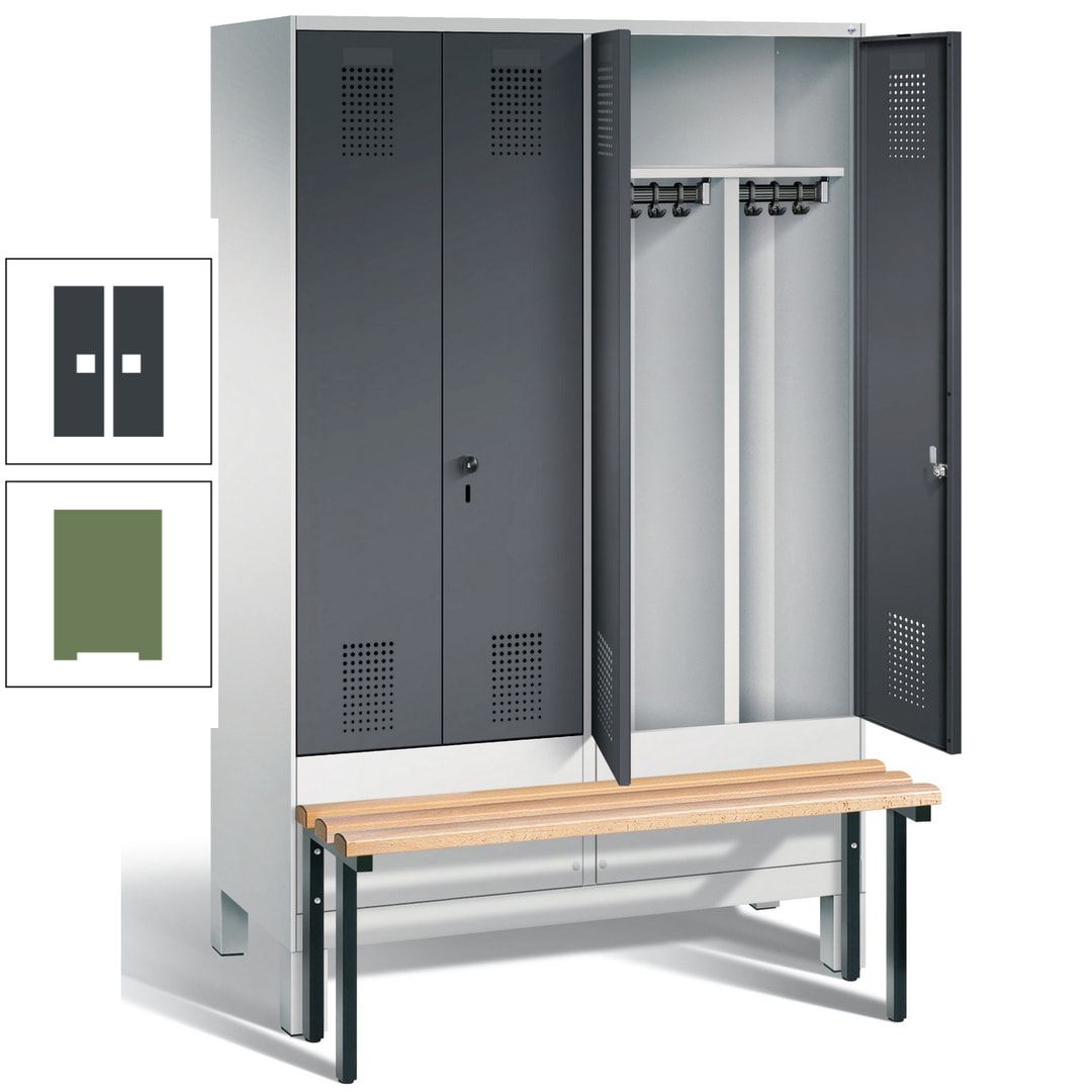 Doppel-Spind, Garderobenschrank, Buche Sitzbank vorgebaut, 4 Abteile a 300 mm, Korpus feuerrot, Tür Wasserblau, 1.850 x 1.200 x 815 mm (HxBxT)