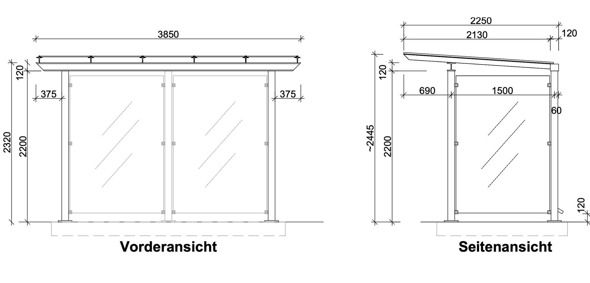 Unterstand mit Pultdach und Sicherheitsglas - feuerverzinkt und farbbeschichtet - 2.435 x 3.850 x 2.090 (HxBxT) - Farbe Achatgrau