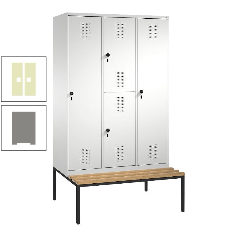 Garderobenschrank, Spind ein- und doppelstöckig Sitzbank, 3 Abteile, 4 Fächer, 2.090x1.200x500 mm (HxBxT), Front anthrazitgrau, Korpus anthrazitgrau