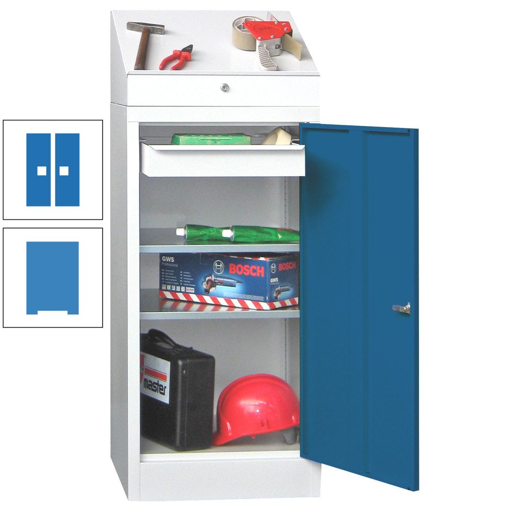 Stehpult mit Schrank - Vollblechtür - 1 Einlegeboden, 1 Ausziehboden, 1 Schublade - 1.270x500x500 mm (HxBxT) - anthrazitgrau