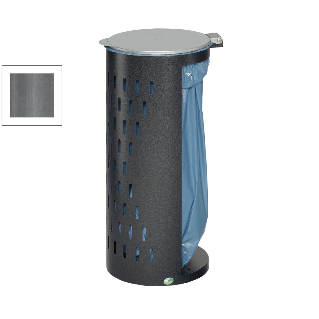 Müllsackhalter - mit Klapptür - gelochter Korpus - rund - Volumen 80 l - 850 x 380 x 440 mm (HxBxT) - Antik silber