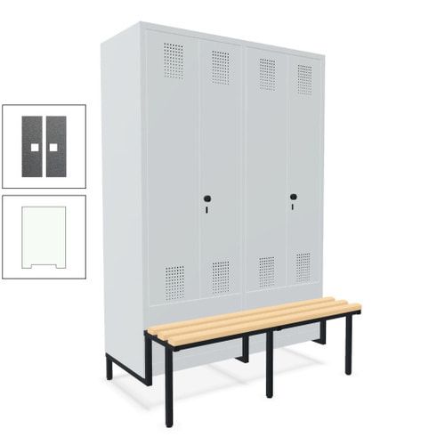Doppel-Spind, Garderobenschrank, Buche Sitzbank integriert, 4 Abteile 300 mm, Korpus anthrazitgrau, Tür anthrazitgrau, 1.850 x 1.200 x 815 mm (HxBxT)