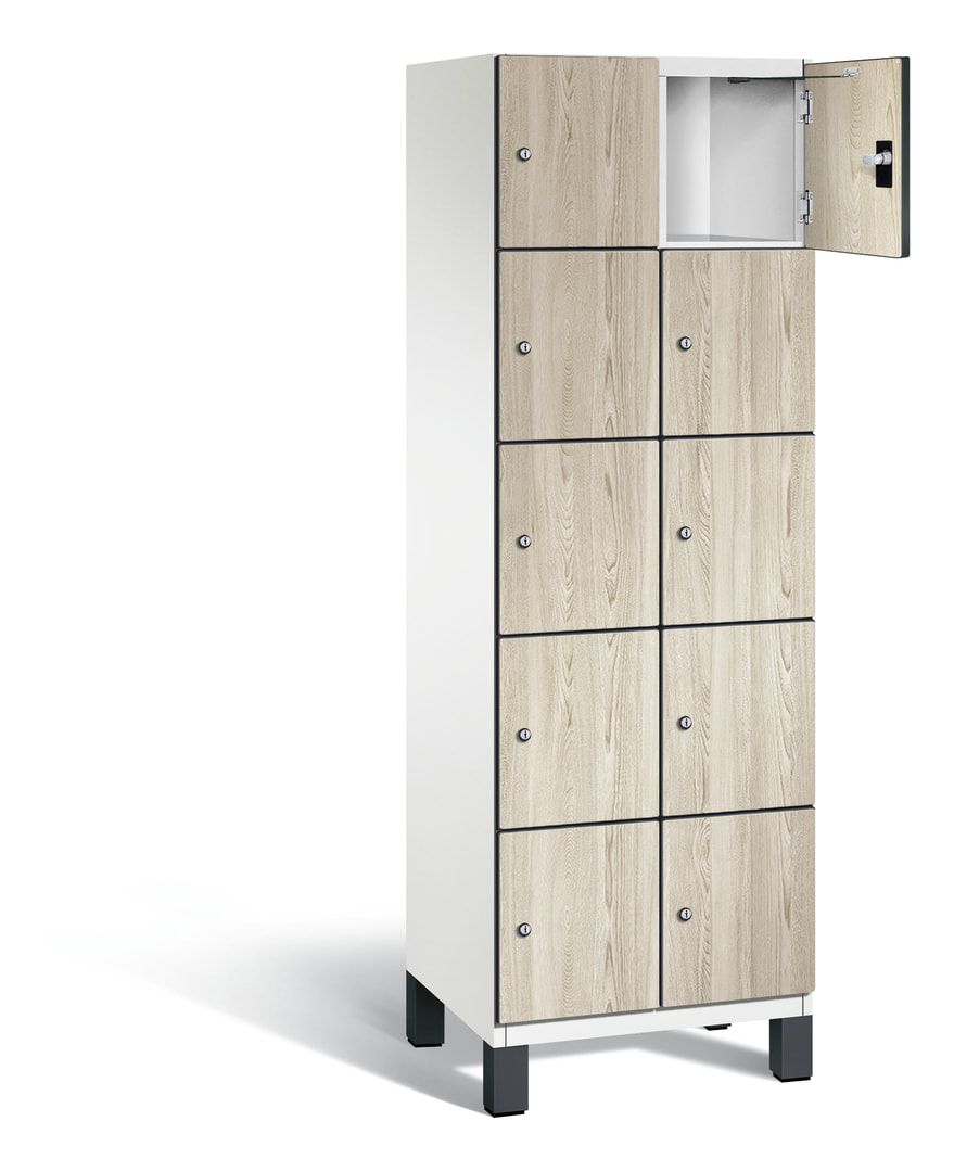 Fächerschrank, Stahlschrank, 10 Fächer, Türöffnungsbegrenzer, Füße, 1.980 x 600 x 525 mm, Korpus anthrazitgrau, Dekorfront HPL Donau-Ahorn