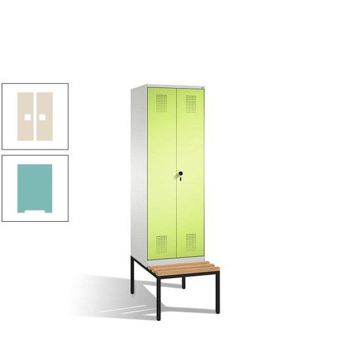 Doppel-Spind, Garderobenschrank, Buche Sitzbank untergebaut, 2 Abteile a 300 mm, Korpus anthrazitgrau, Tür anthrazitgrau, 2.090 x 600 x 815 mm (HxBxT)