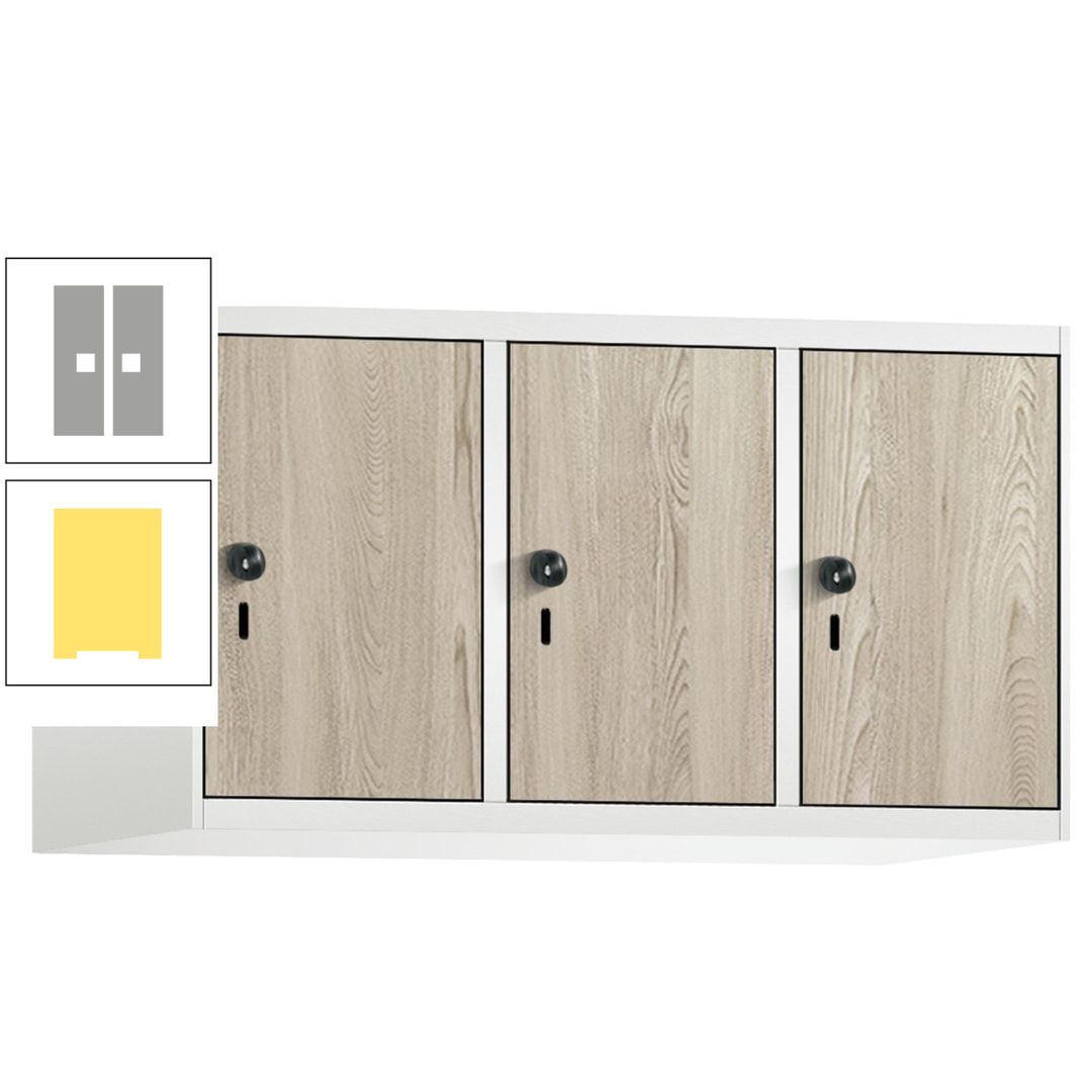Aufsatzschrank, Schrankaufsatz, 3 Fächer a 300 mm, Farbe Pastellgelb, Tür anthrazitgrau, 500 x 900 x 500 mm (HxBxT)