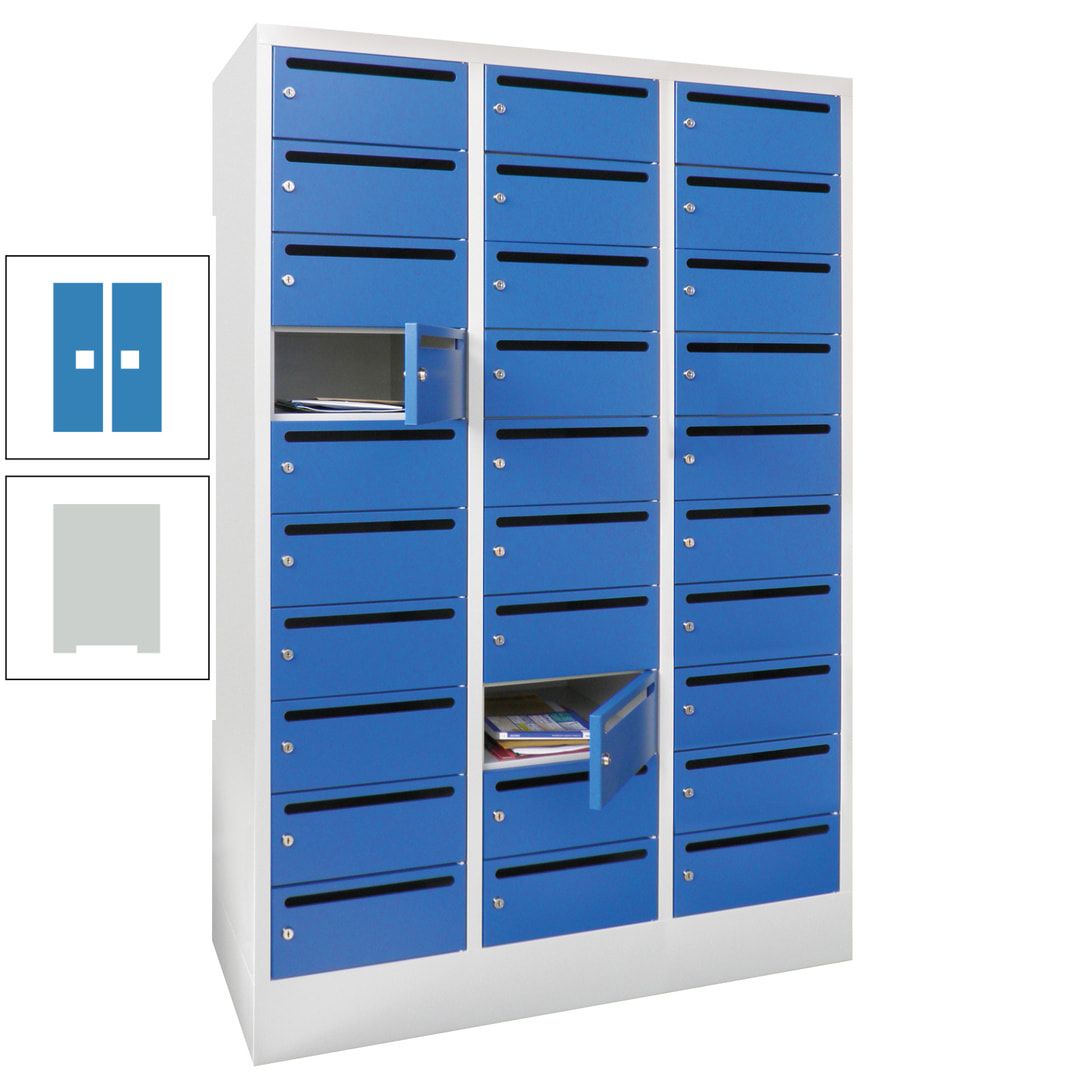 Postverteilerschrank, Schließfachschrank, 3 Abteile a 300 mm, 30 Fächer, 1.850 x 900 x 500 mm (HxBxT), Korpus anthrazitgrau, Front anthrazitgrau