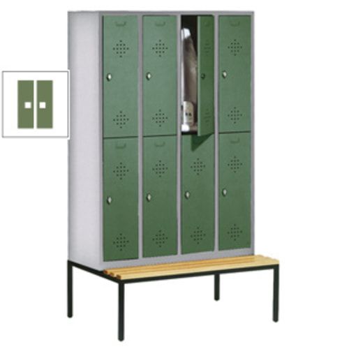 Garderobenschrank, Spind, 4 Abteile 8 Fächer, 2.090 x 1.190 x 815 mm (HxBxT), Hartholz Sitzbank untergebaut, Korpus lichtgrau, Türen anthrazitgrau