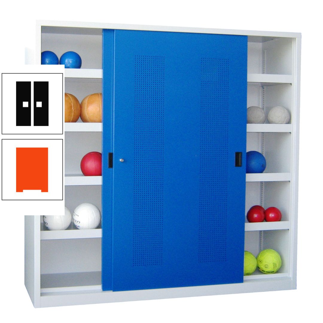 Ballschrank - Schiebetüren mit Lochfeld - Trennwand - 8 Böden - 1.950x2.000x600 mm (HxBxT) - anthrazitgrau