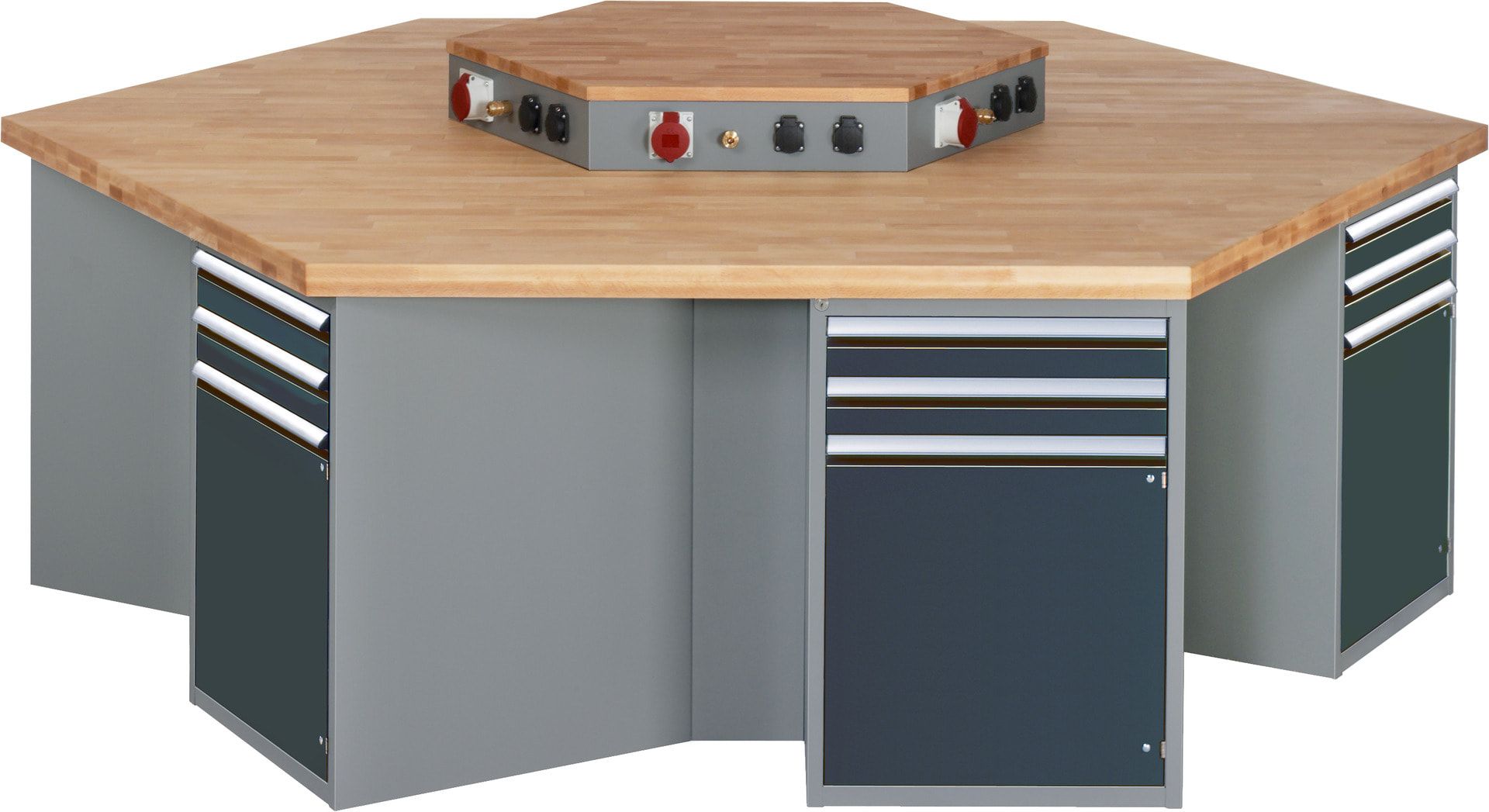 Gruppenwerkbank, Buche, Höhe 840 mm, mit Energieaufsatz, Unterbau-Container, 2 Schubladen, 1 Tür, 1 Boden - Anthrazitgrau