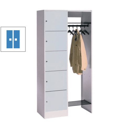 Garderobenanlage, Offene Garderobe mit Spindschrank, 5 Fächer, links, Korpusfarbe lichtgrau, Türfarbe enzianblau, 1.950 x 960 x 480 mm (HxBxT)