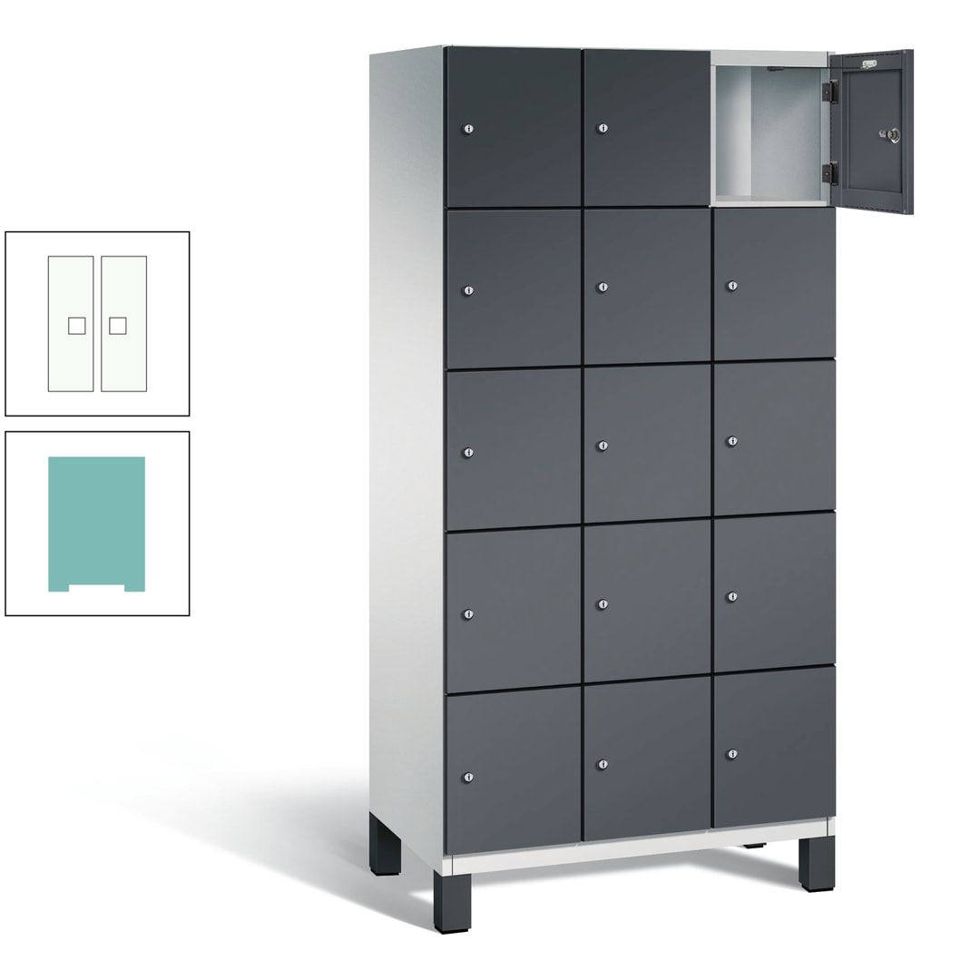 Fächerschrank, Stahlschrank, 15 Fächer, Türöffnungsbegrenzer, Füße, 1.980 x 900 x 525 mm (HxBxT), Korpus anthrazitgrau, Front anthrazitgrau