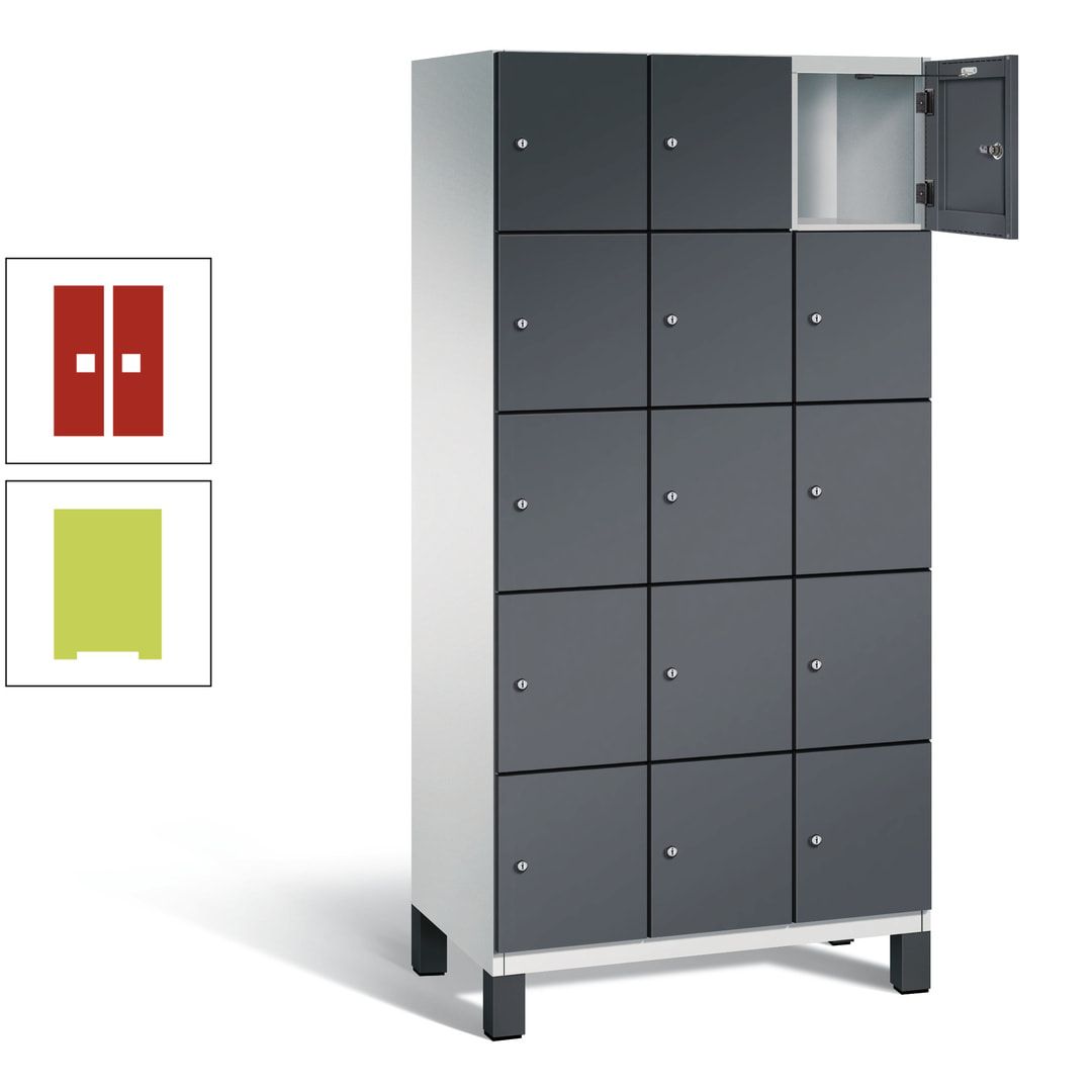 Fächerschrank, Stahlschrank, 15 Fächer, Türöffnungsbegrenzer, Füße, 1.980 x 900 x 525 mm (HxBxT), Korpus anthrazitgrau, Front anthrazitgrau