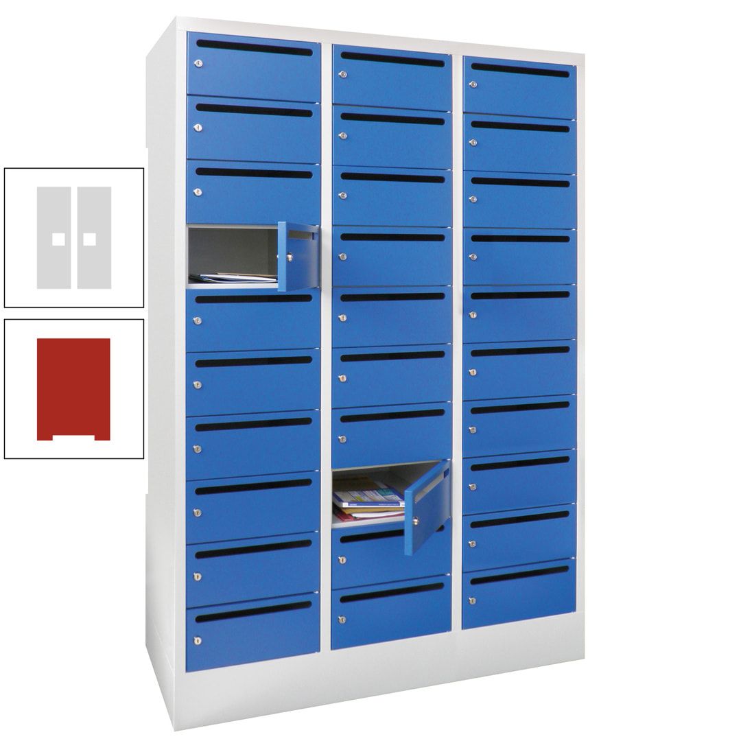 Postverteilerschrank, Schließfachschrank, 3 Abteile a 300 mm, 30 Fächer, 1.850 x 900 x 500 mm (HxBxT), Korpus anthrazitgrau, Front anthrazitgrau