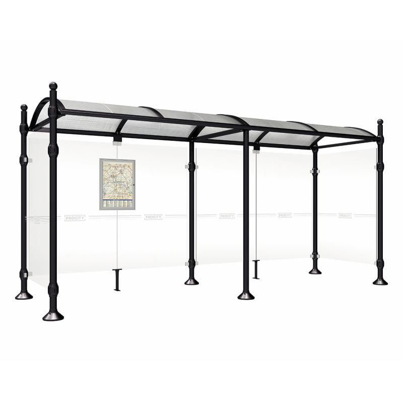Buswartehalle, Unterstand, 2 Seitenwände, Kopf gebürsteter Edelstahl, ESG, Fahrplanschaukasten, 2.500 x 2.500 x 1.600 mm (HxBxT), Farbe enzianblau