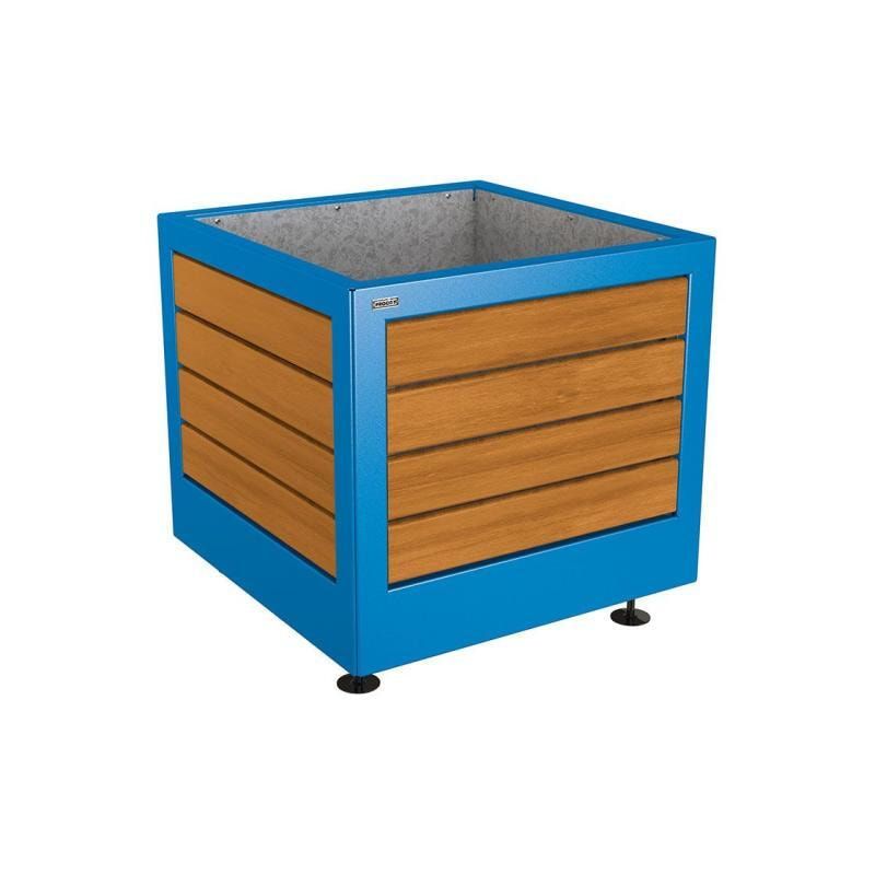 Pflanzbehälter, Stahl und Holz, verstellbare Füße, Innenverkleidung feuerverzinkt mit Verladungsgriffen, 700 x 800 x 800 mm (HxBxT), Farbe enzianblau