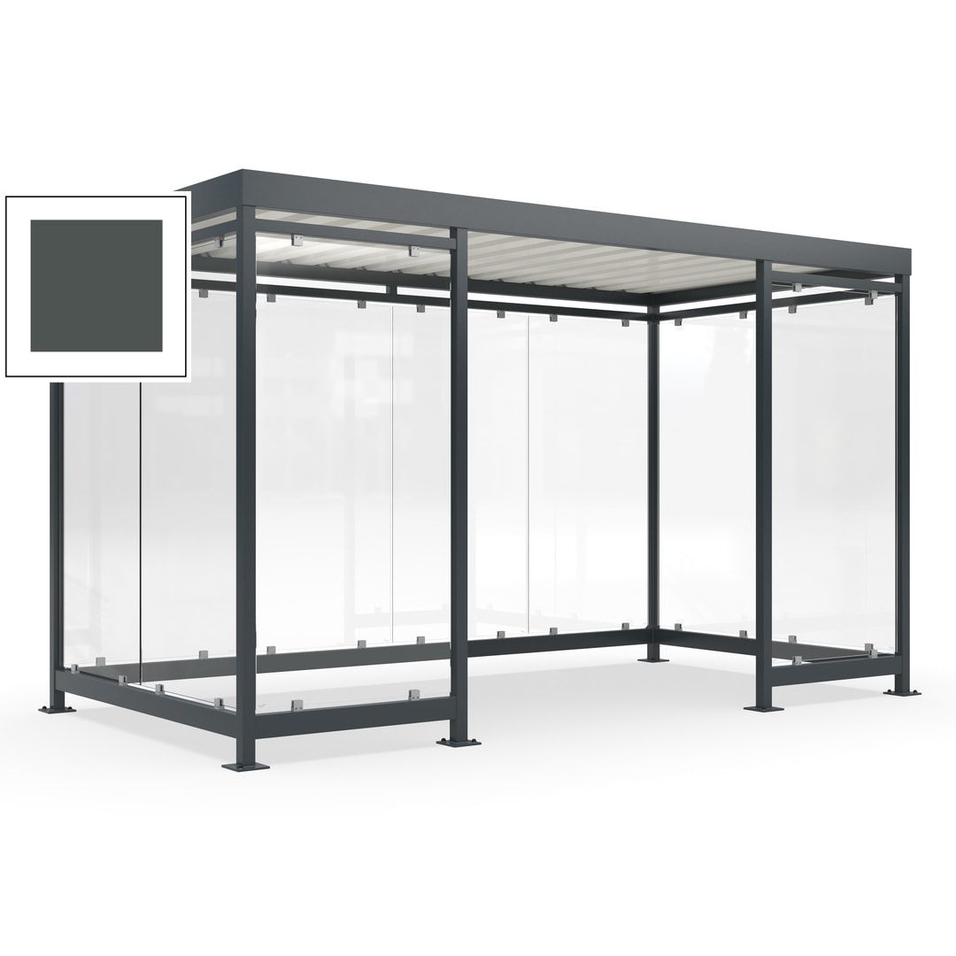 Fahrgastunterstand, Raucherunterstand, fertig montiert, Aufdübeln, 12-13 Personen, 2.510 x 4.195 x 2.165 mm (HxBxT), 10 Wände, Achatgrau