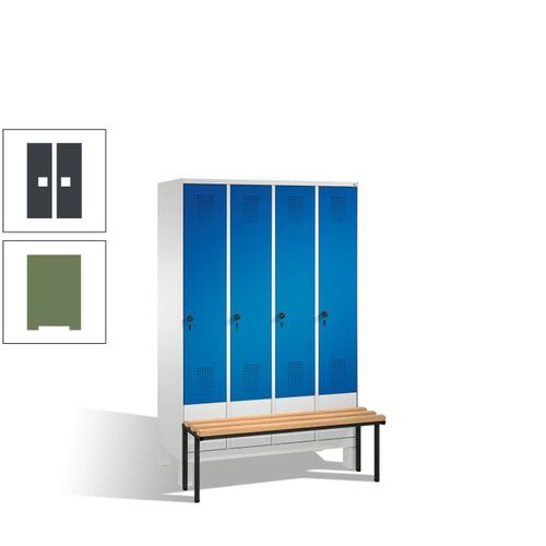 Stahl-Garderobenschrank, Spind, Buche Sitzbank vorgebaut, 4 Abteile a 300 mm, Korpus Lichtgrün, Tür Schwefelgelb, 1.850 x 1.200 x 815 mm (HxBxT)