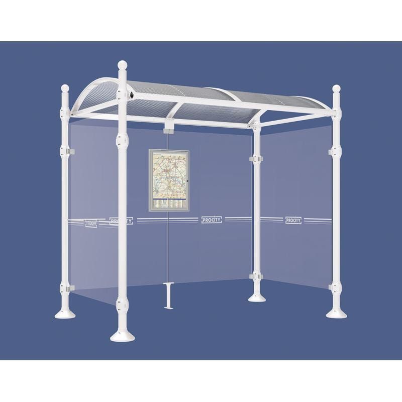 Buswartehalle, Unterstand, 2 Seitenwände, Kopf gebürsteter Edelstahl, ESG, Fahrplanschaukasten, 2.500 x 2.500 x 1.600 mm (HxBxT), Farbe enzianblau