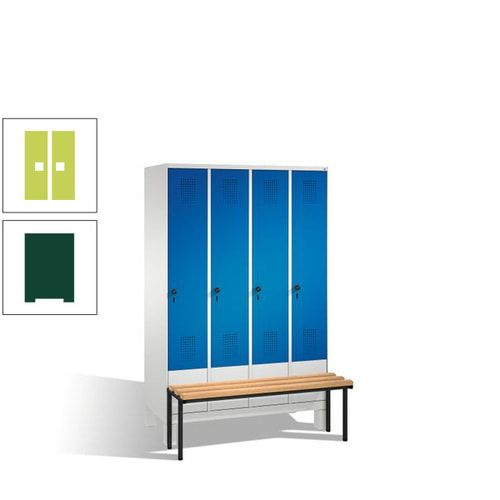 Stahl-Garderobenschrank, Spind, Buche Sitzbank vorgebaut, 4 Abteile a 300 mm, Korpus Lichtgrün, Tür Schwefelgelb, 1.850 x 1.200 x 815 mm (HxBxT)