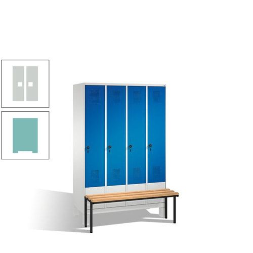 Stahl-Garderobenschrank, Spind, Buche Sitzbank vorgebaut, 4 Abteile a 300 mm, Korpus Lichtgrün, Tür Schwefelgelb, 1.850 x 1.200 x 815 mm (HxBxT)
