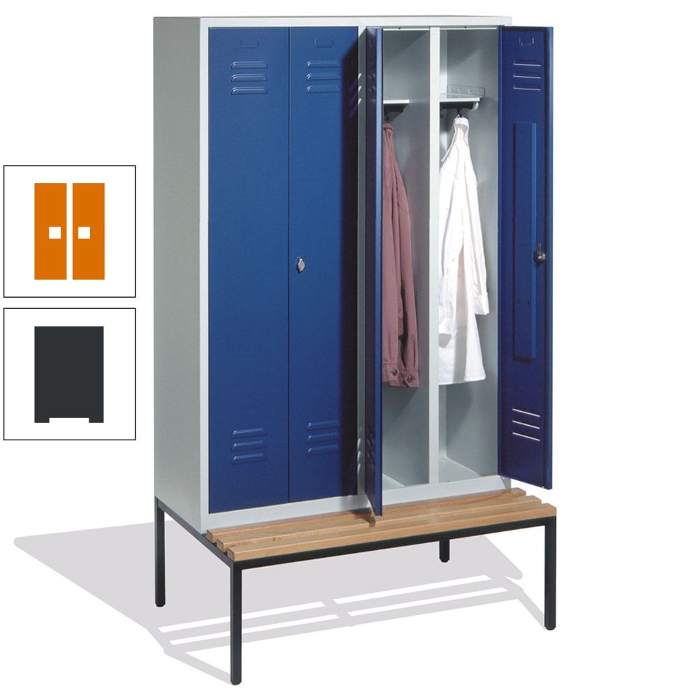 Doppel-Spindschrank, Buche Sitzbank untergebaut, 4 Abteile a 300 mm, Korpus lichtgrau, Tür anthrazitgrau, 2.090 x 1.190 x 815 mm (HxBxT)