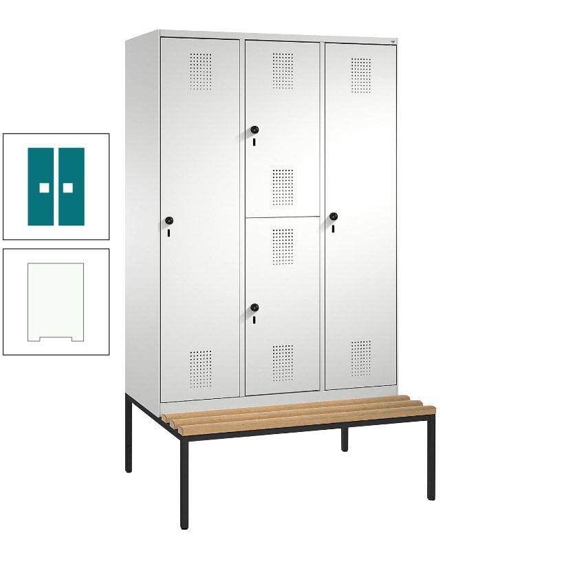 Garderobenschrank, Spind ein- und doppelstöckig Sitzbank, 3 Abteile, 4 Fächer, 2.090x1.200x500 mm (HxBxT), Front anthrazitgrau, Korpus anthrazitgrau