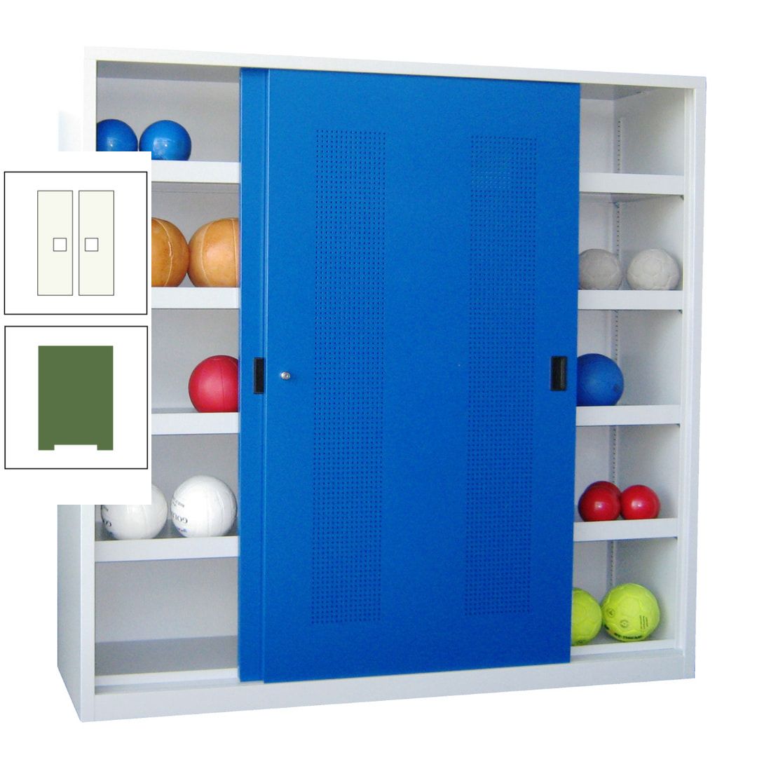 Ballschrank - Schiebetüren mit Lochfeld - Trennwand - 8 Böden - 1.950x2.000x600 mm (HxBxT) - anthrazitgrau