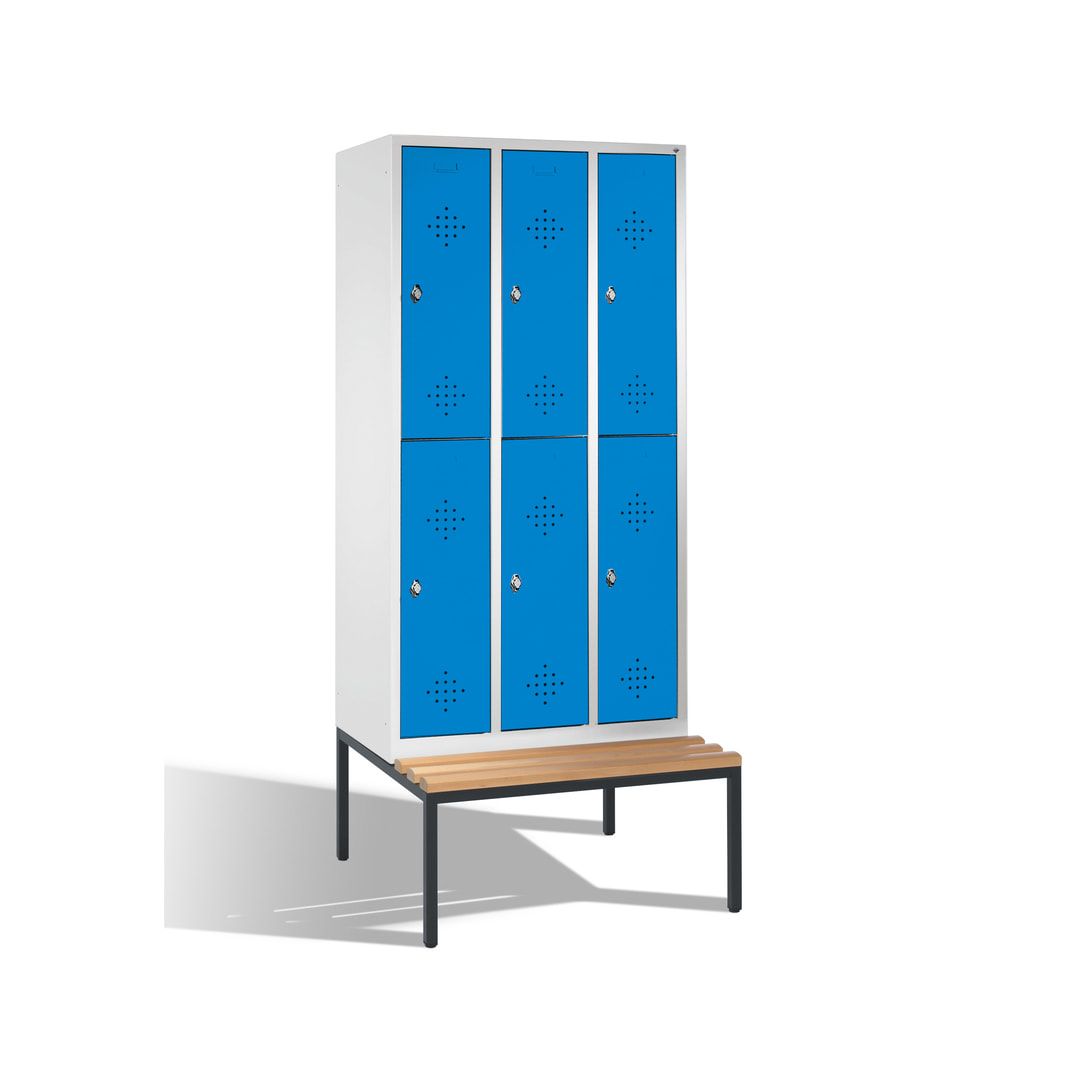 Garderobenschrank, Spind, 3 Abteile 6 Fächer, 2.090 x 1.200 x 815 mm (HxBxT), Hartholz Sitzbank untergebaut, Korpus anthrazitgrau, Türen anthrazitgrau