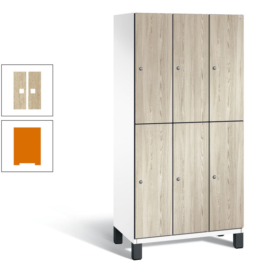 Fächerschrank, Garderobenschrank, mit Füßen, 3 Abteile, 1.980 x 900 x 525 mm (HxBxT), Korpus anthrazitgrau, Tür Donau-Ahorn